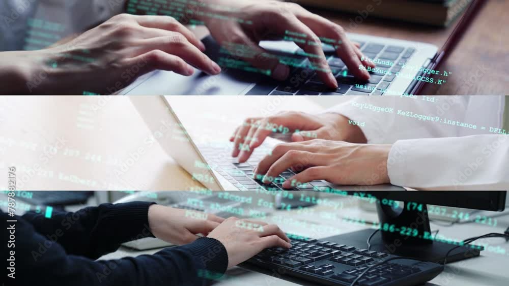 Poster Collage of people using computers and digital code concept. System engineering. Digital transformation. Wipe transition from white background.