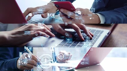 Collage of people using computers and digital technology concept. System engineering. Digital transformation. Wipe transition from white background. - Powered by Adobe