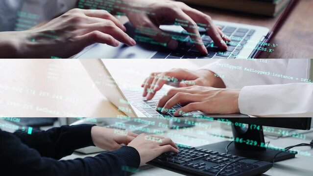 Collage of people using computers and digital code concept. System engineering. Digital transformation. Wipe transition from white background.