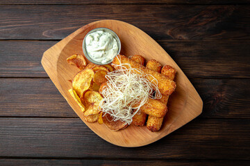 Cheese sticks with potato chips on dark boards background. Menu for a pub