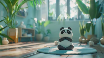 Foto op Canvas   A small stuffed panda bear atop a wooden floor, near a potted plant in the room © Mikus