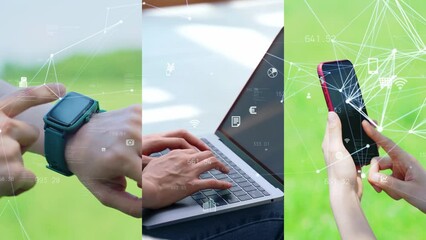 Collage of people using computers and communication network concept. Mobile network. Wearable computing. Wipe transition from white background. - Powered by Adobe