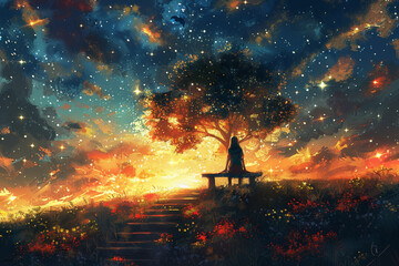 Fantasy illustration with beautiful sky, stars. girl is sitting on a bench under an tree and looking at the sunset, cute landscape. Painting. floral meadow and stairs - Powered by Adobe