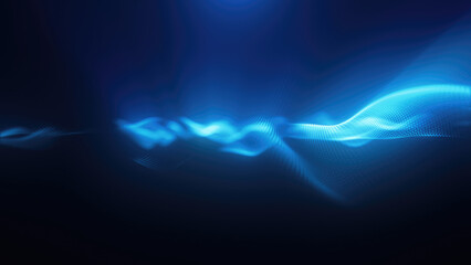 Blue energy magic waves high tech digital iridescent morphing with light rays lines and energy particles. Abstract background