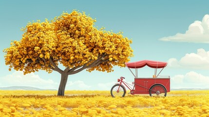   A bike is parked next to a tree, its front adorned with a red cart, while a red umbrella rests at its back