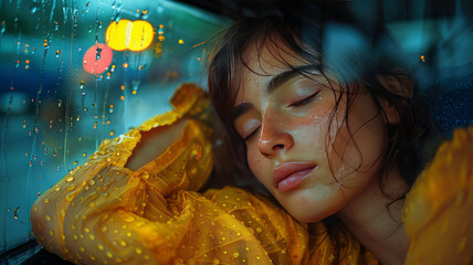 beautiful young girl sleeping in a Carvan, large glass frame, short clothes,generative ai - Powered by Adobe