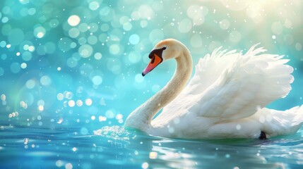   A white swan floats atop tranquil water beside a vibrant green-blue expanse of bokeh