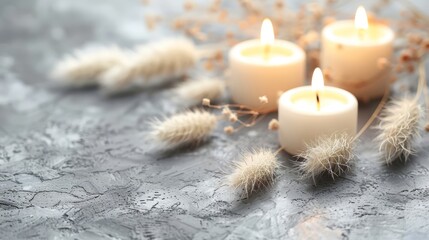   A trio of candles atop a table Nearby, a cluster of dry grass and a single plant - obrazy, fototapety, plakaty
