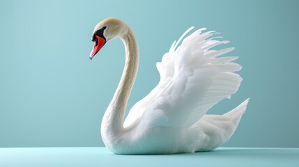   A white swan atop a table, adjacent to a light blue wall, with a light blue wall as its backdrop