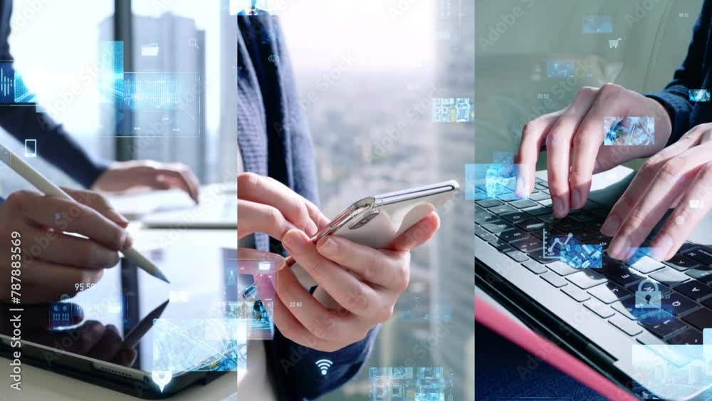 Poster Collage of people using various mobile device and digital technology concept. Digital transformation. Wipe transition from white background.