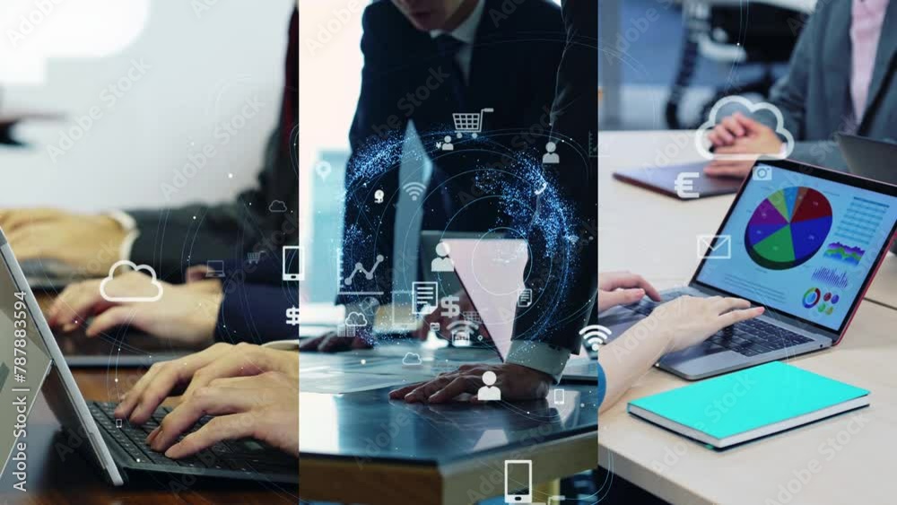 Poster collage of various business scenes and communication network concept. digital transformation. smart 