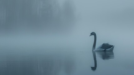   Swan atop foggy lake, trees in background