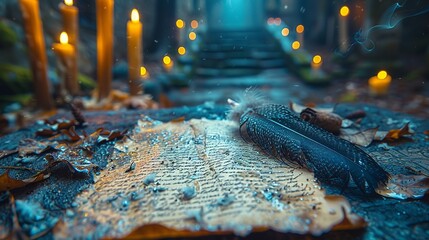 Enchanted quill, writing destiny, night, scribe of fates, intimate focus, candle glow, fate s inscription  - obrazy, fototapety, plakaty