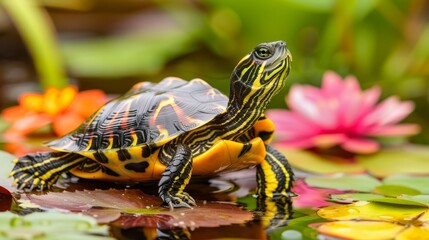Obraz premium A turtle atop a lily pad in a pond amidst water lilies and pink-yellow blooms