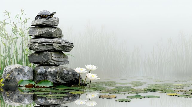   A rock pile atop a water lily-filled pond houses a bird perched on one stone