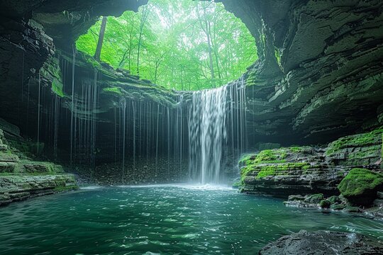 Enchanted waterfall, hidden vale, secret waters grace, panoramic view, sunbeam dance, magical seclusion 