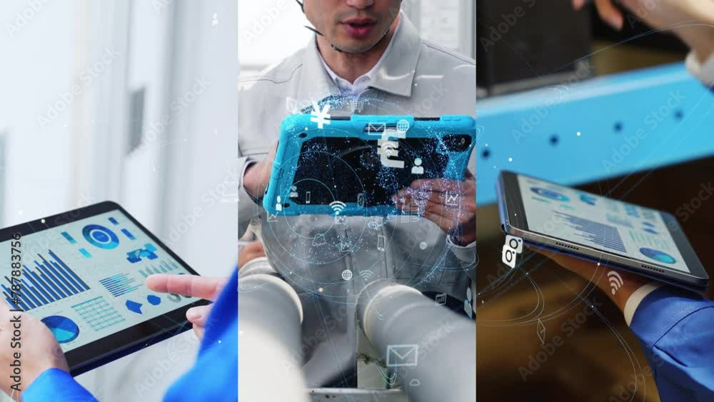 Poster collage of people in various job using tablet pc and digital technology concept. digital transformat