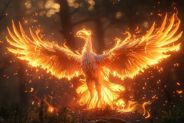 Mythical phoenix, ash rebirth, sunset, phoenix's cycle, vibrant flames, golden hour, immortal renewal  - obrazy, fototapety, plakaty