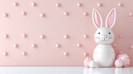   A white rabbit figurine atop a table near a pink wall adorned with polka dots