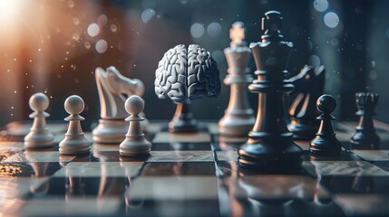 Conceptual illustration of chess game, AI vs human brain. Strategy concept - obrazy, fototapety, plakaty
