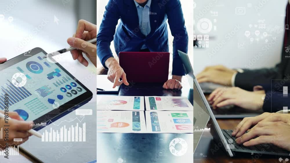 Poster Collage of various business scenes and statistics data concept. Management strategy. Wipe transition from white background.