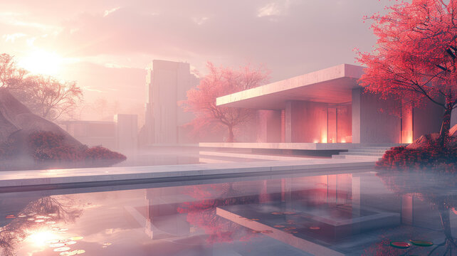 modern buildings,outdoors,scenery,the pink of the settlement,misty, a hazy glow ,generative ai