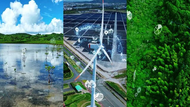 Collage of various natural scenes and environmental technology concept. Green tech. Sustainability. Renewable energy. Wipe transition from white background.