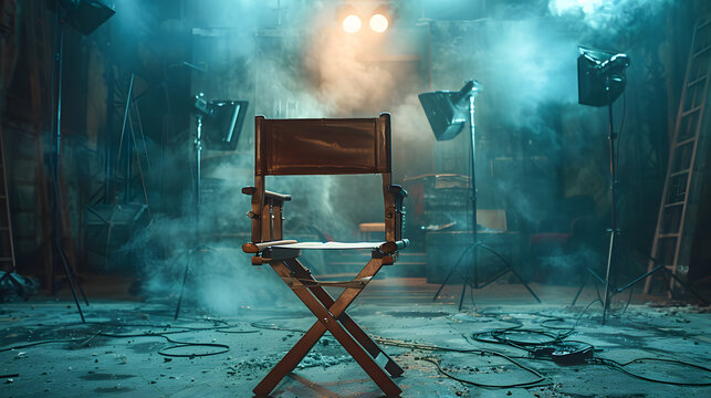 An empty director chair in front of an empty film set. Gloomy background