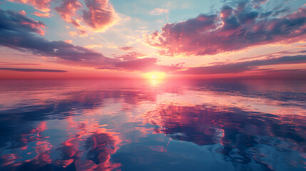 image of a vibrant sunset over a serene lake, with colorful reflections shimmering on the water - obrazy, fototapety, plakaty
