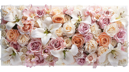 A harmonious blend of roses, lilies, and peonies merging together to create a mesmerizing display within a rectangular frame,