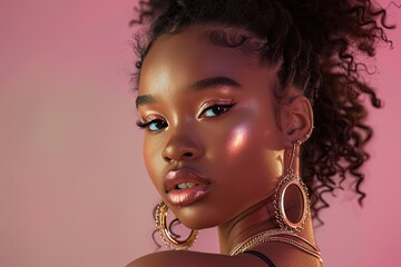 A woman with a dark complexion and gold earrings
