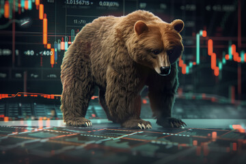 A bearish statue stands over a glowing stock market graph, symbolizing prosperity and downward financial trends. - obrazy, fototapety, plakaty