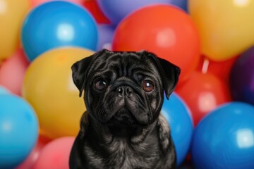 A black Pug dog is sitting in front of a bunch of colorful balloons