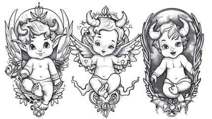 Newborn little Babies. Cards with Angels Cupid 