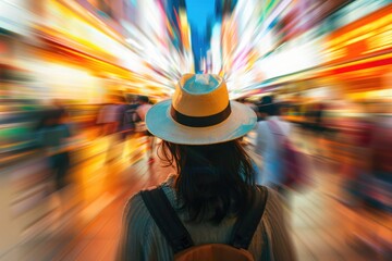 A woman wearing a straw hat is walking down a street with a backpack