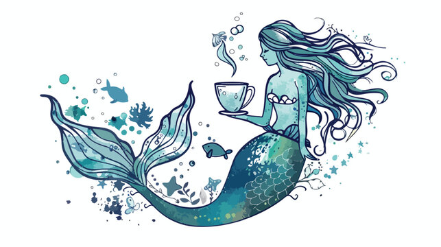 Ocean child. Mermaids tail in the cup. Hand drawn vector