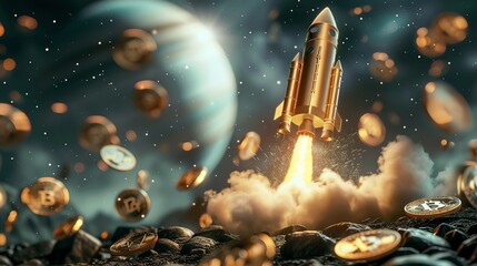 A visual metaphor comparing investing to a rocket launch, with gold, stocks, and Bitcoin as the fuel - obrazy, fototapety, plakaty
