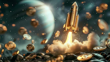 Fotobehang A visual metaphor comparing investing to a rocket launch, with gold, stocks, and Bitcoin as the fuel © Pairat