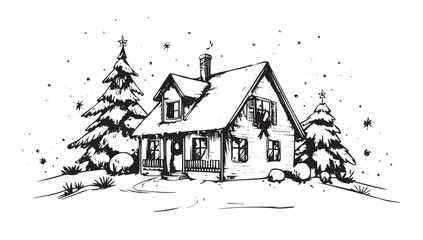 Christmas home and tree, Sketch, Pictogram Art, Black on white image	
