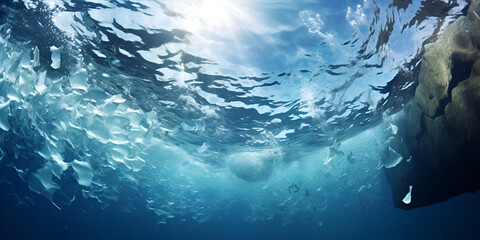 Underwater Scene with Sunlight and Ocean Floor Ocean Depth and Surface with Sunbeams and Fish
