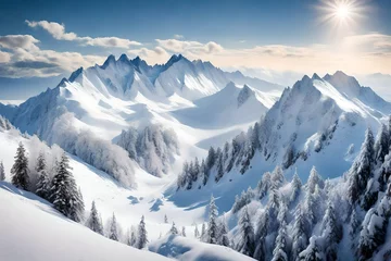 Foto op Canvas A panoramic canvas of snow-dusted summits, a tranquil alpine dreamscape. © Muhammad