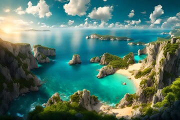 A coastal panorama, where cliffs meet the azure sea under the clear summer heavens. - obrazy, fototapety, plakaty
