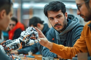 Teacher Attentively Explains Robotic Hand Prototype to Engrossed Students During a University Lesson, Emphasizing Practical