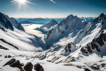 Majestic mountains stretching in a panoramic embrace, their summits touched by clouds. - obrazy, fototapety, plakaty