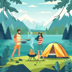 Couple of campers cook food on fire in tourist expedition equipment 