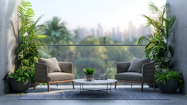 interior design concept condominium penthouse living area with wooden balcony and stunning view of city garden beautiful sky