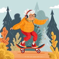 cartoon grandma wearing headphones riding a skateboard in the park