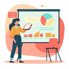 Young female teacher on lesson at blackboard in classroom