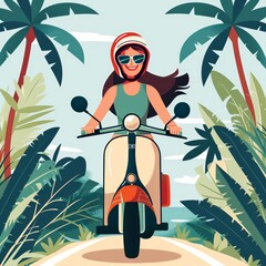 Young attractive woman riding a scooter, wearing helmet, popular city vehicle, exciting outdoor adventure, vector flat style cartoon illustration 