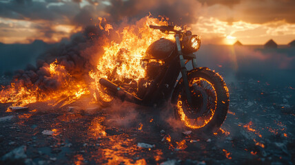 Vintage motorcycle engulfed in flames, against asphalt with sunset glow and mossy stones.generative ai - obrazy, fototapety, plakaty